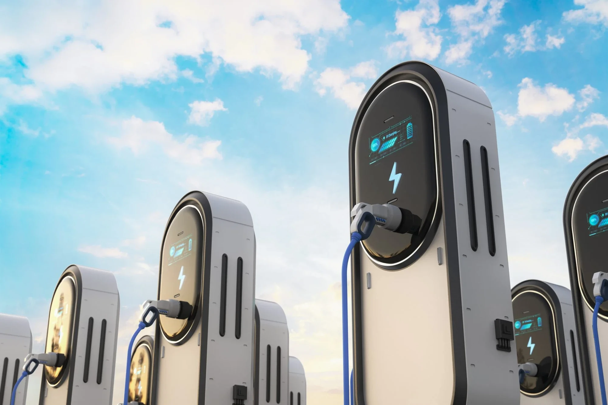 DC fast charging cluster representing heavy-duty fleet depot